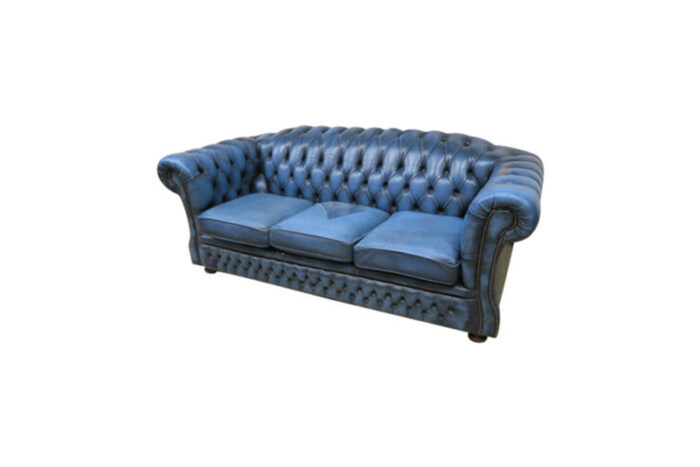 Chesterfield 2,5-zits bank gespoten blauw - met spijkerstof L200xB90xH82