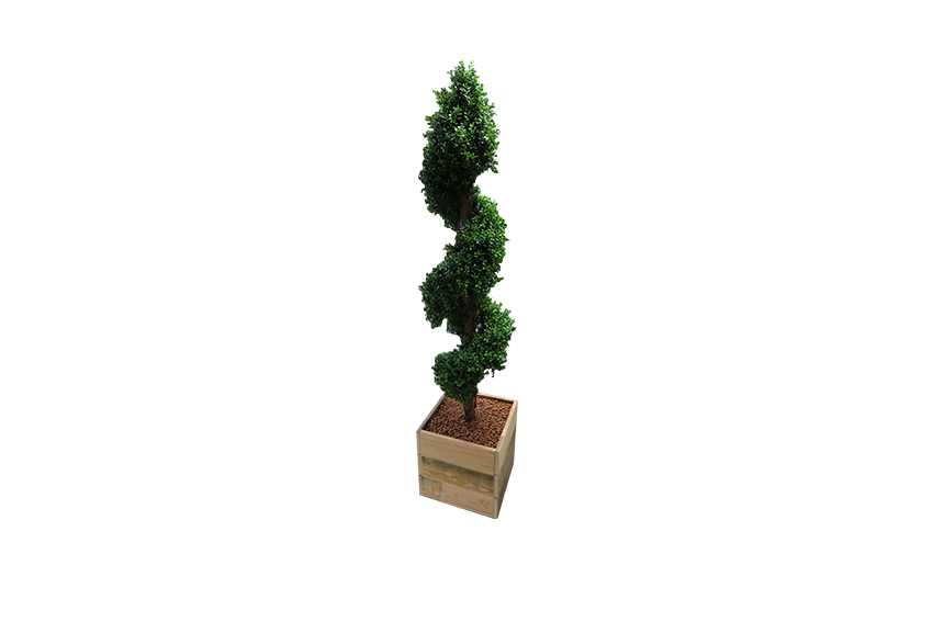 Kunstplant | Buxus spiraal in houten kist L40xB40xH190