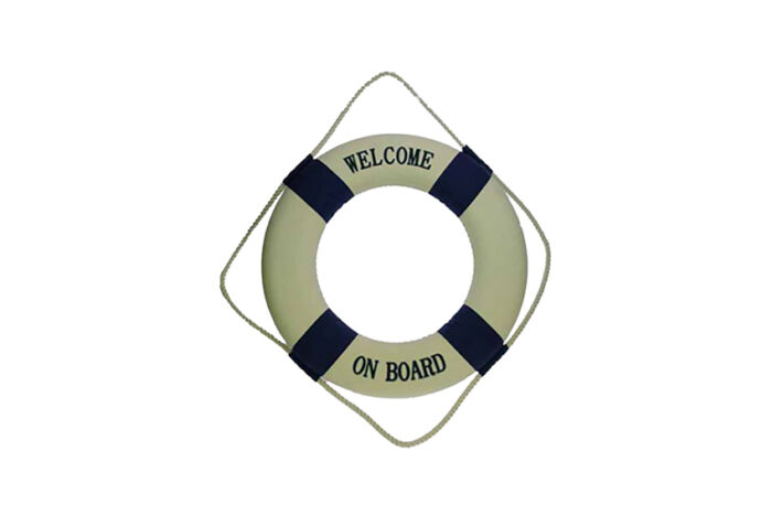 Deco | Reddingsboei wit/blauw 'welcome on board' Ø50